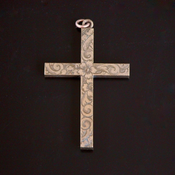 Antique Victorian Etched Gold Religious Cross Pendant - Picture 1 of 3